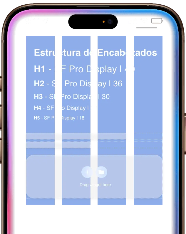 Mockup de iPhone que muestra una guía de estilo para la jerarquía de encabezados SEO (H1 a H5)