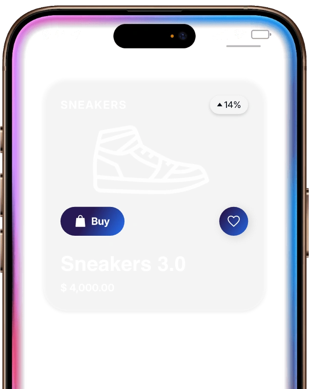 Una aplicación de marketing digital en un iPhone que muestra unas zapatillas con la etiqueta "14%". El texto sobre el teléfono dice "Muestra la pantalla de la aplicación de marketing digital"